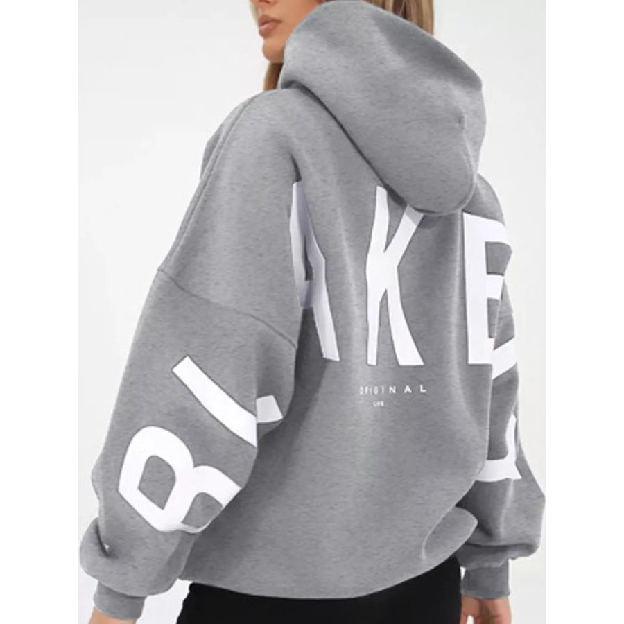 Full Size Letter Back Dropped Shoulder Hoodie Plus Apparel and Accessories