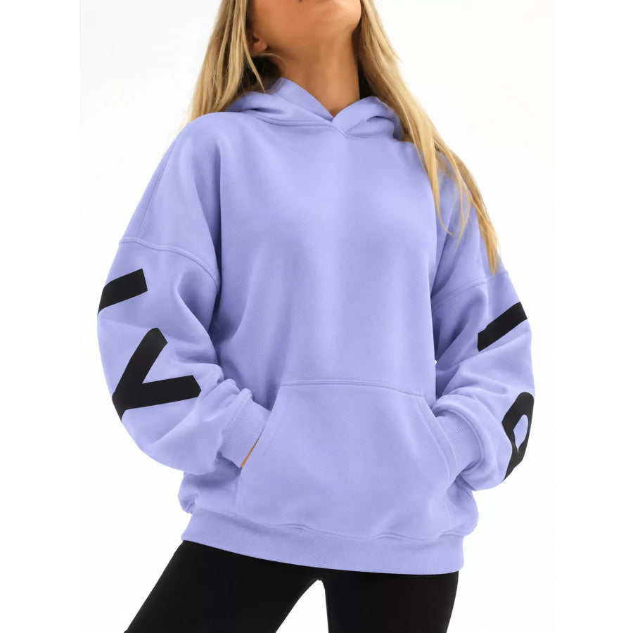 Full Size Letter Back Dropped Shoulder Hoodie Plus Apparel and Accessories