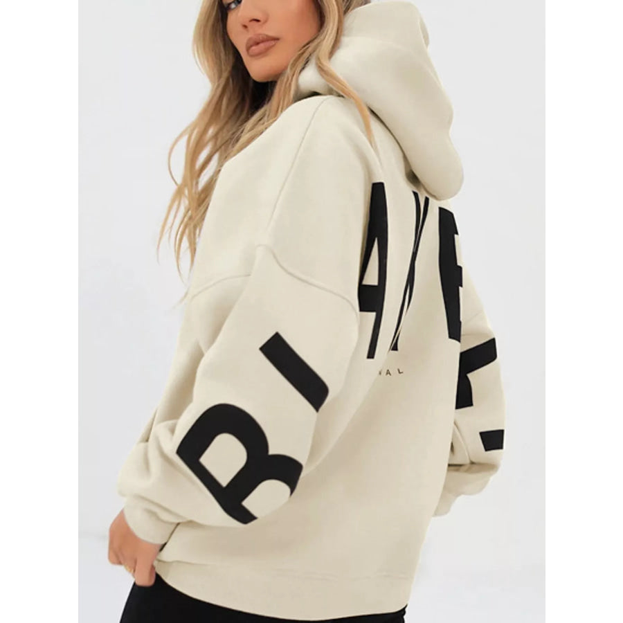 Full Size Letter Back Dropped Shoulder Hoodie Plus Apricot / S Apparel and Accessories