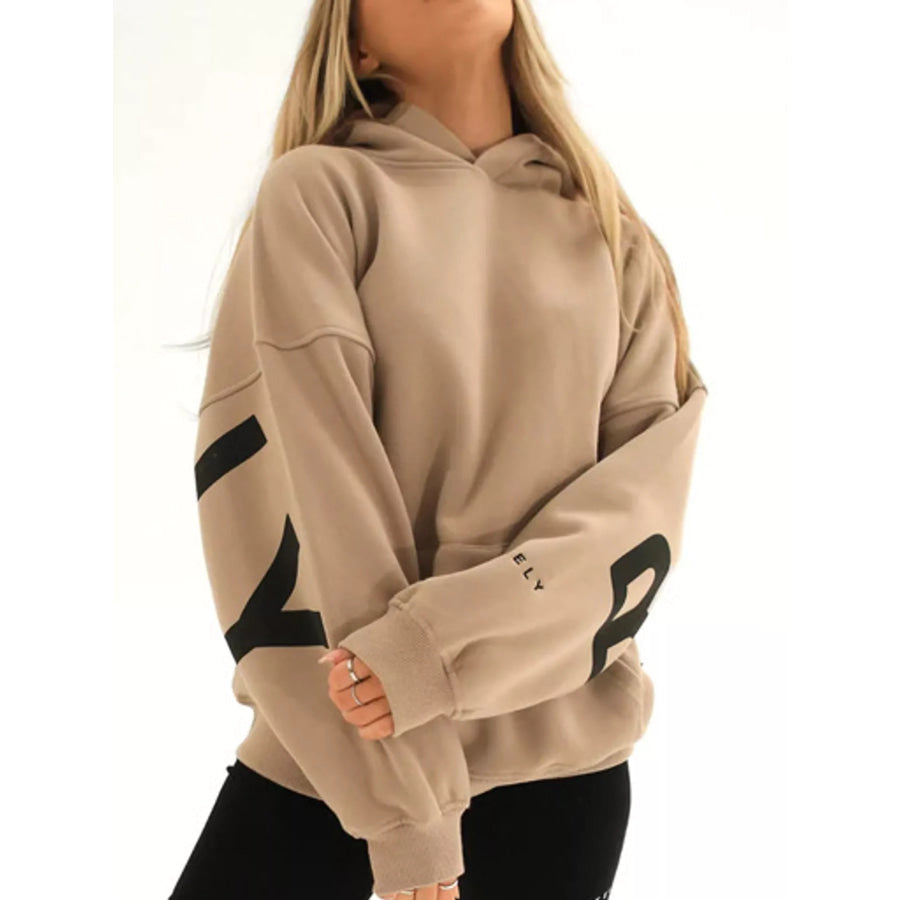 Full Size Letter Back Dropped Shoulder Hoodie Plus Camel / S Apparel and Accessories