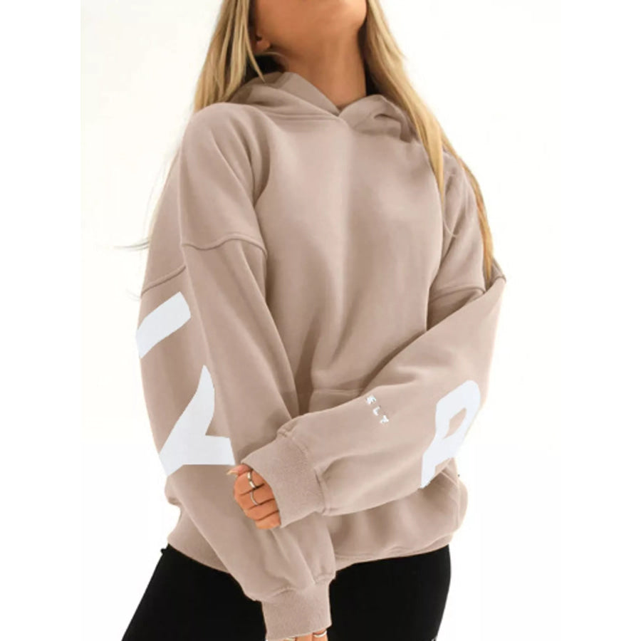 Full Size Letter Back Dropped Shoulder Hoodie Plus Camel-White Print / S Apparel and Accessories