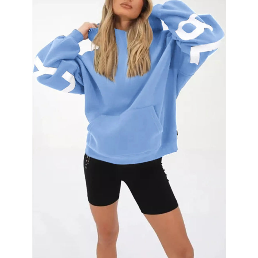 Full Size Letter Back Dropped Shoulder Hoodie Plus Light Blue / S Apparel and Accessories