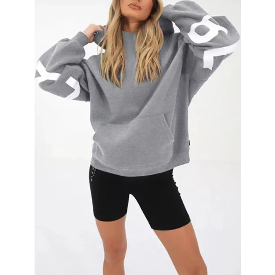 Full Size Letter Back Dropped Shoulder Hoodie Plus Light Gray / S Apparel and Accessories