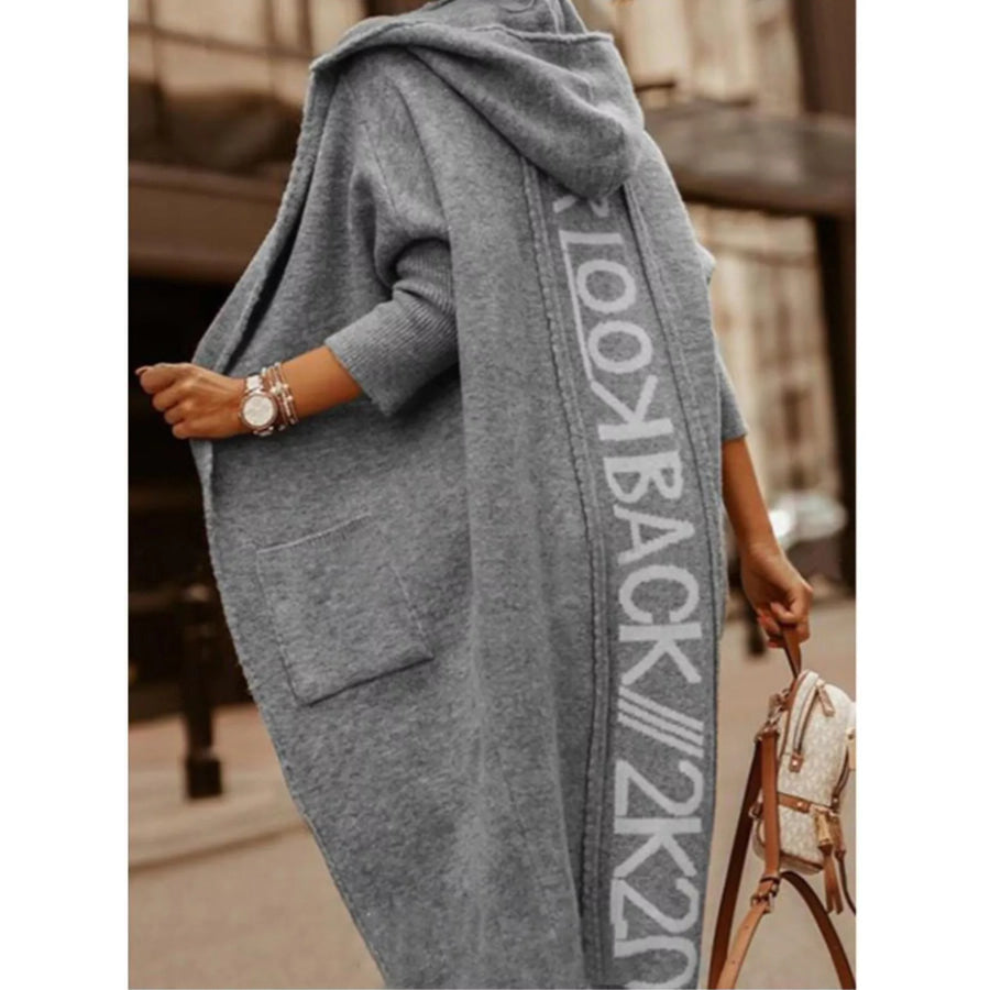 Full Size Letter Back Hooded Cardigan Plus Dark Gray / S Apparel and Accessories
