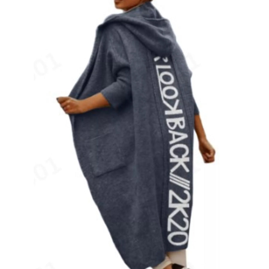 Full Size Letter Back Hooded Cardigan Plus French Blue / S Apparel and Accessories