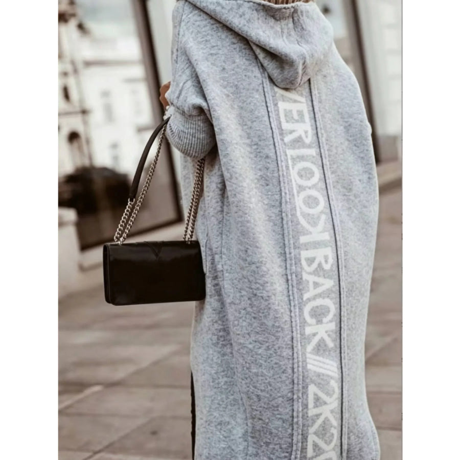 Full Size Letter Back Hooded Cardigan Plus Grey / S Apparel and Accessories
