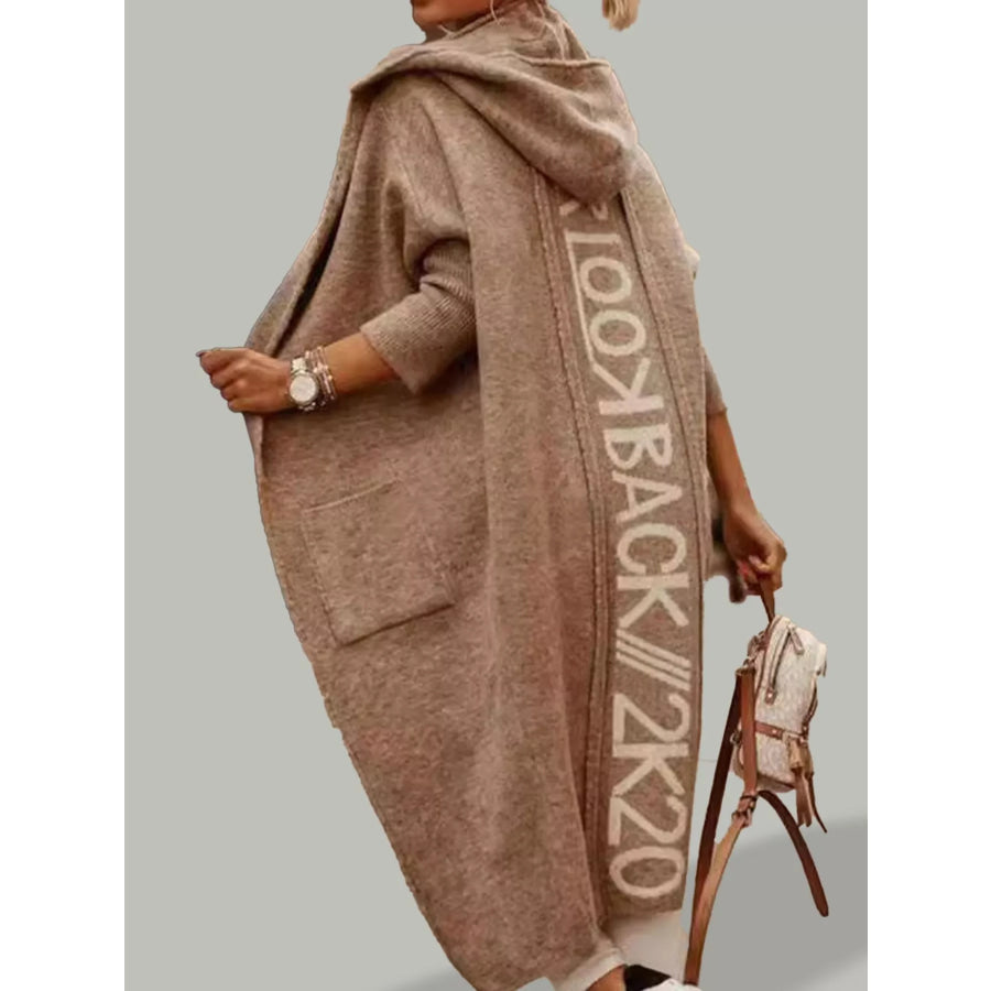 Full Size Letter Back Hooded Cardigan Plus Light Brown / S Apparel and Accessories