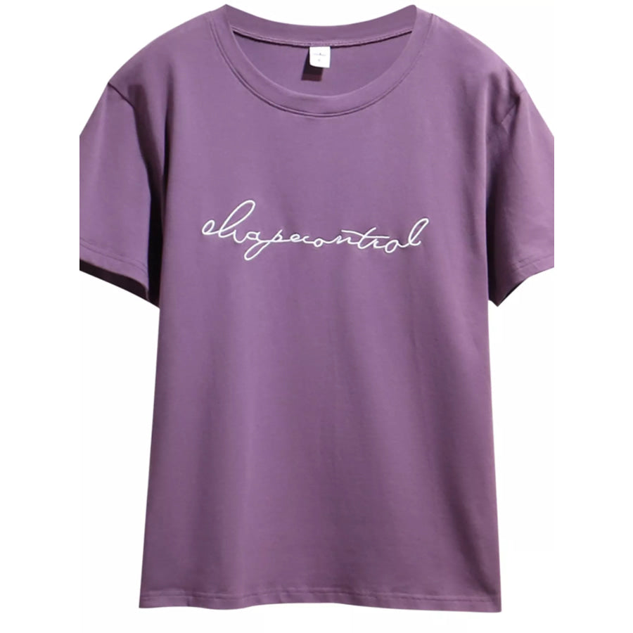 Full Size Letter Embroidered Round Neck T-Shirt Plus Apparel and Accessories