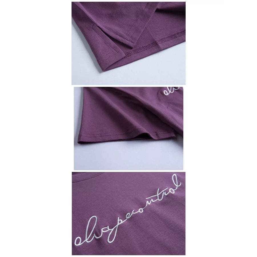 Full Size Letter Embroidered Round Neck T-Shirt Plus Apparel and Accessories