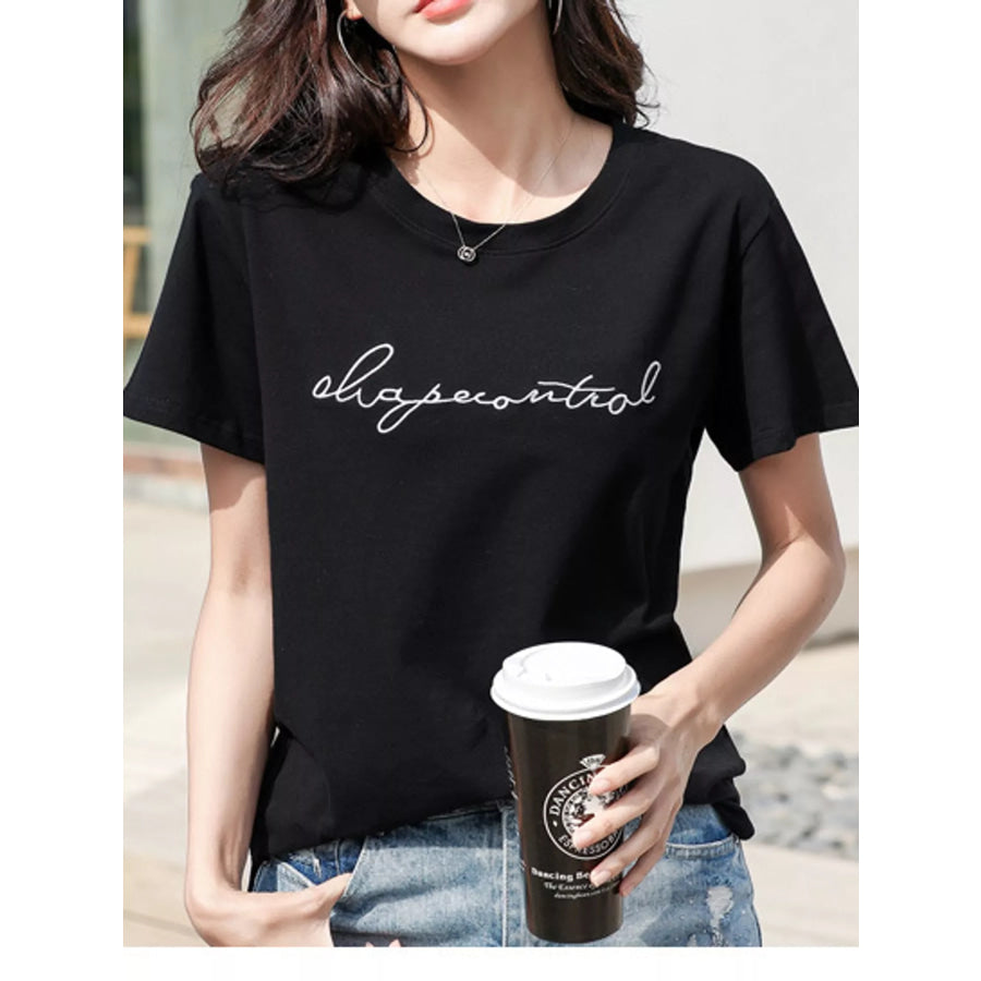 Full Size Letter Embroidered Round Neck T-Shirt Plus Apparel and Accessories