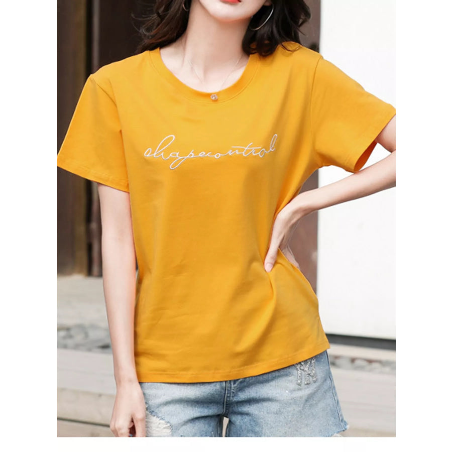 Full Size Letter Embroidered Round Neck T-Shirt Plus Apparel and Accessories