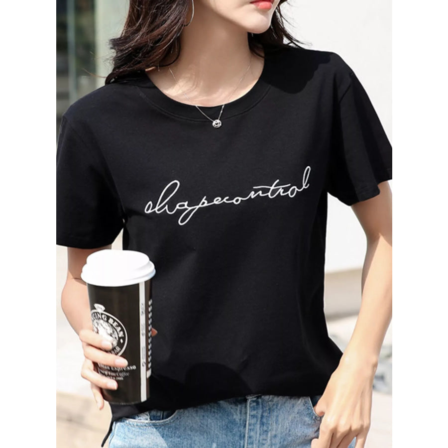 Full Size Letter Embroidered Round Neck T-Shirt Plus Black / S Apparel and Accessories