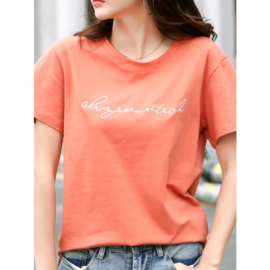 Full Size Letter Embroidered Round Neck T-Shirt Plus Brick Red / S Apparel and Accessories