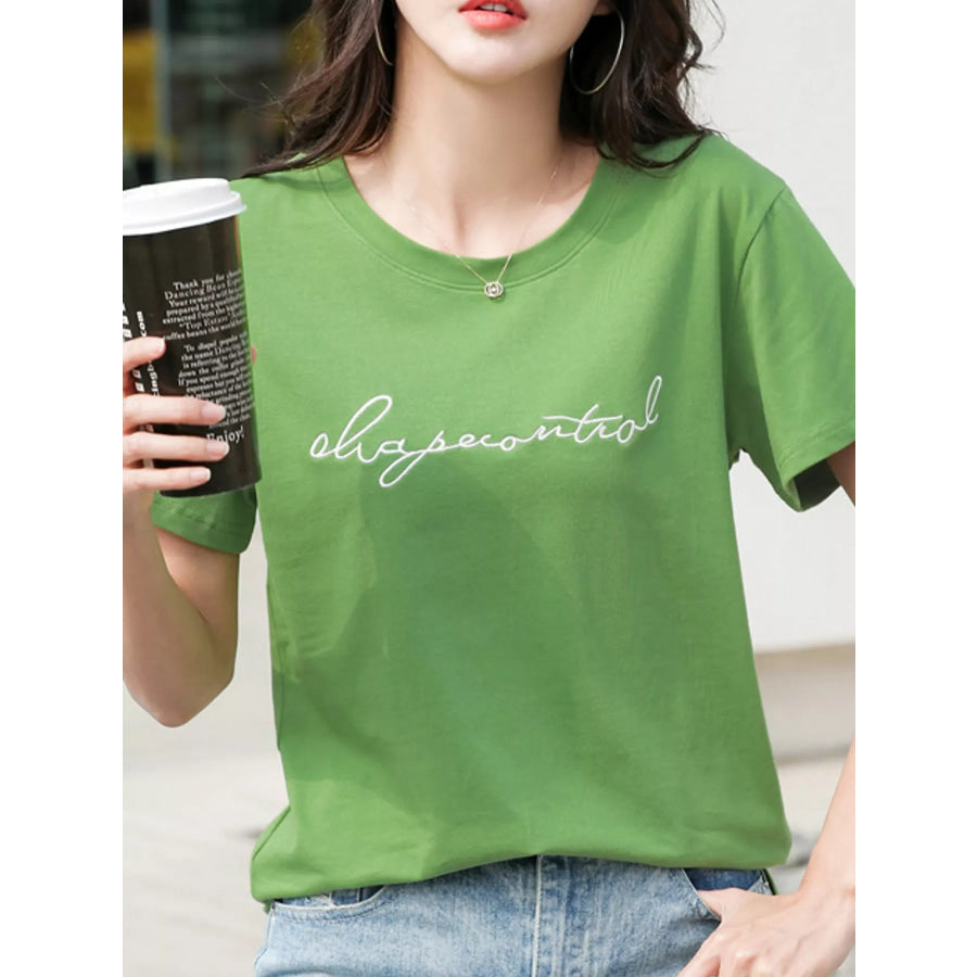 Full Size Letter Embroidered Round Neck T-Shirt Plus Green / S Apparel and Accessories