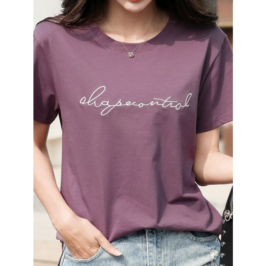 Full Size Letter Embroidered Round Neck T-Shirt Plus Purple / S Apparel and Accessories