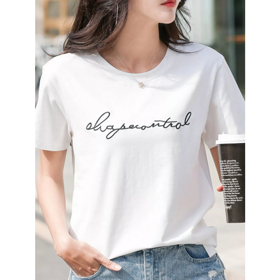 Full Size Letter Embroidered Round Neck T-Shirt Plus White / S Apparel and Accessories