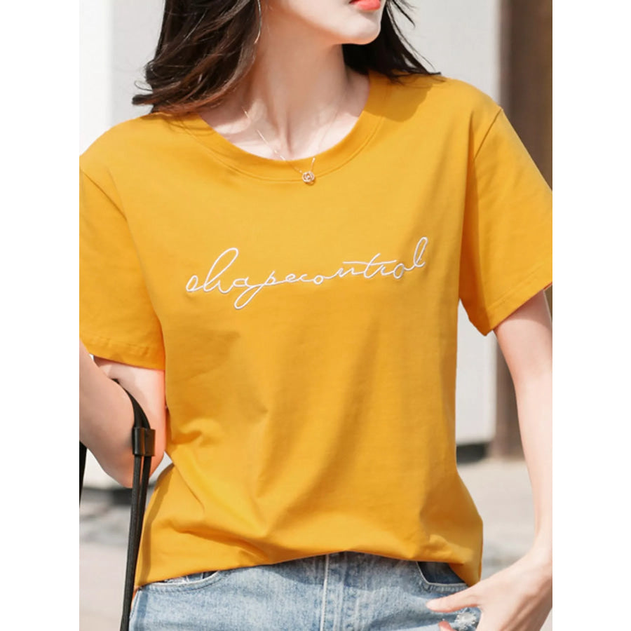 Full Size Letter Embroidered Round Neck T-Shirt Plus Yellow / S Apparel and Accessories