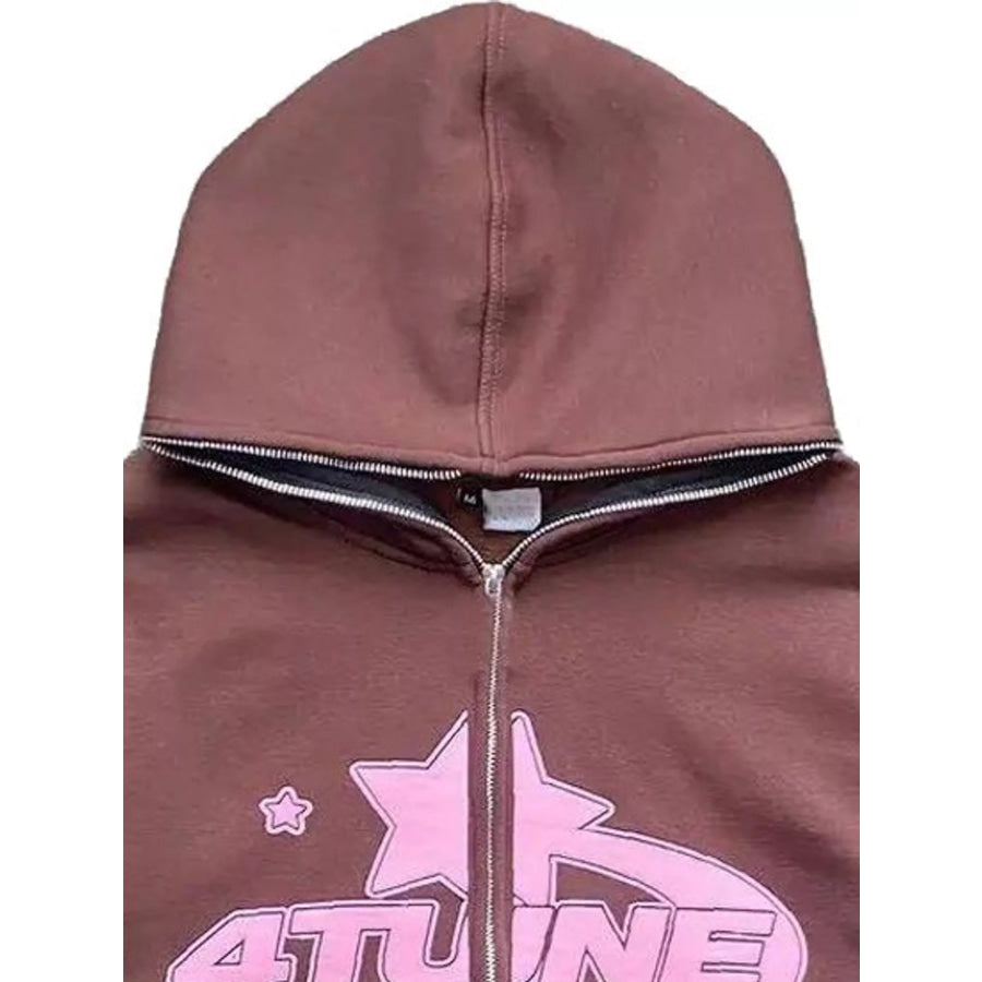 Full Size Letter Graphic Zip Up Hoodie Plus Apparel and Accessories