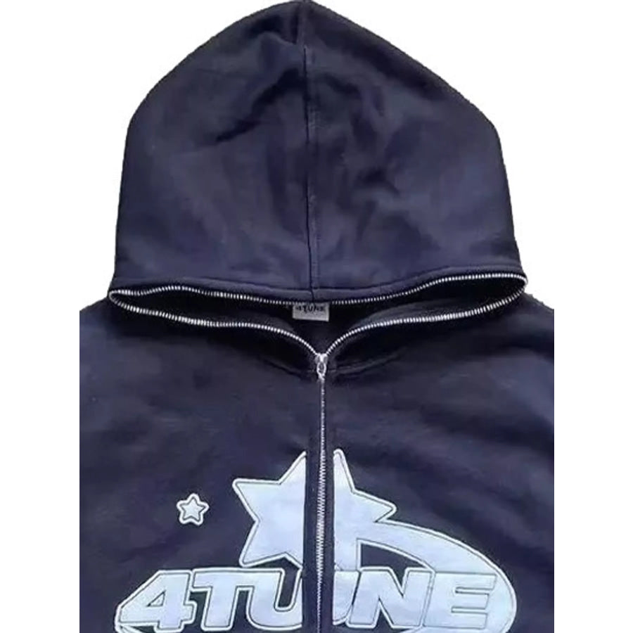 Full Size Letter Graphic Zip Up Hoodie Plus Apparel and Accessories