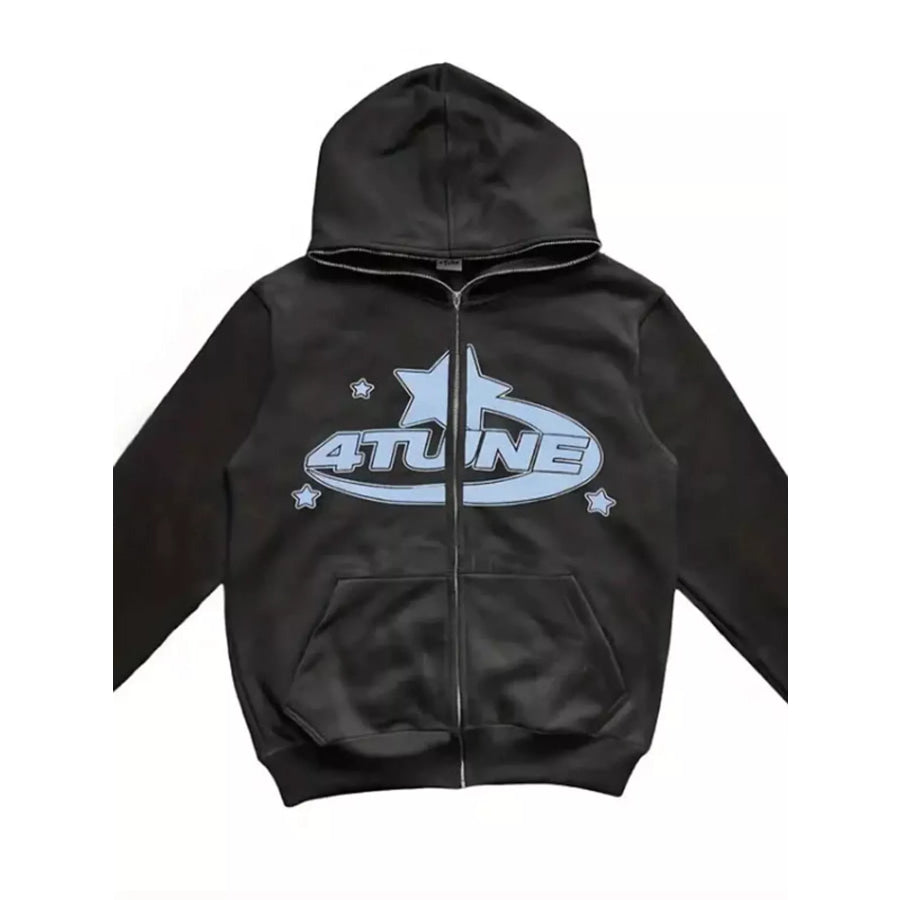 Full Size Letter Graphic Zip Up Hoodie Plus Black / S Apparel and Accessories