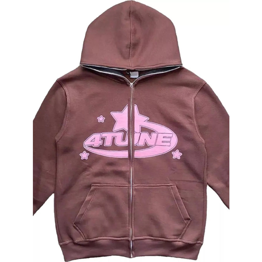 Full Size Letter Graphic Zip Up Hoodie Plus Brown / S Apparel and Accessories