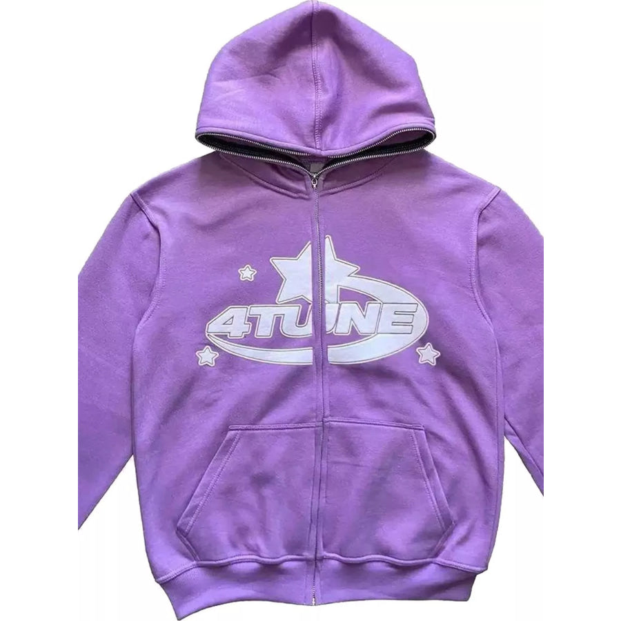 Full Size Letter Graphic Zip Up Hoodie Plus Lavender / S Apparel and Accessories