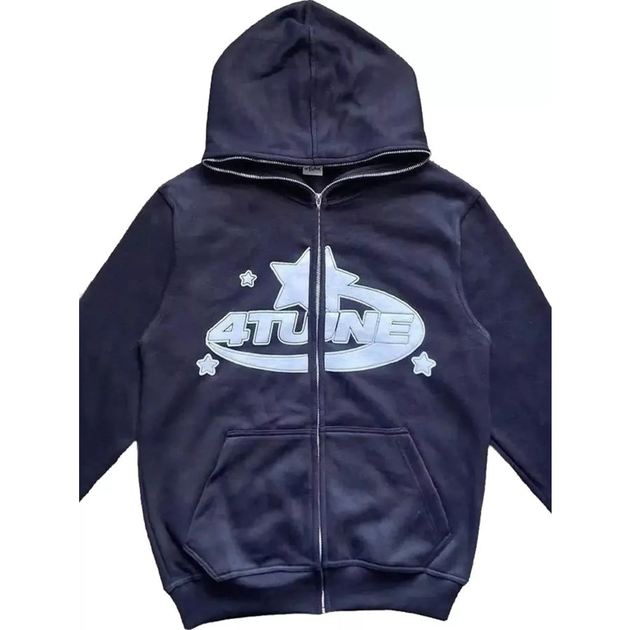 Full Size Letter Graphic Zip Up Hoodie Plus Navy / S Apparel and Accessories