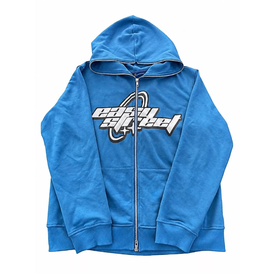 Full Size Letter Graphic Zip Up Hoodie Plus Sky Blue / S Apparel and Accessories