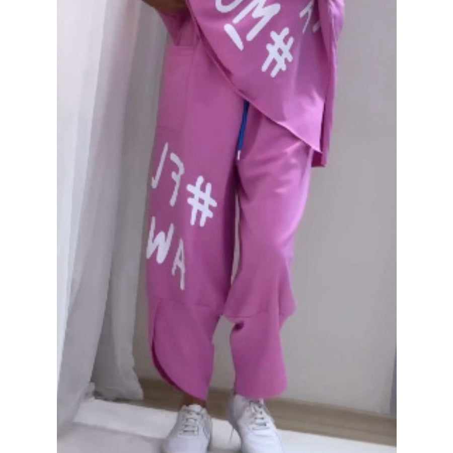 Full Size Letter Round Neck Tee and Drawstring Pants Set Plus Size Apparel and Accessories