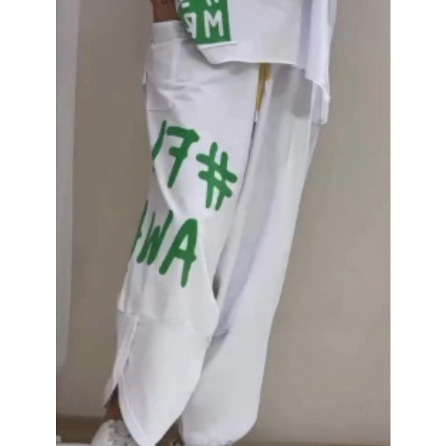 Full Size Letter Round Neck Tee and Drawstring Pants Set Plus Size Apparel and Accessories