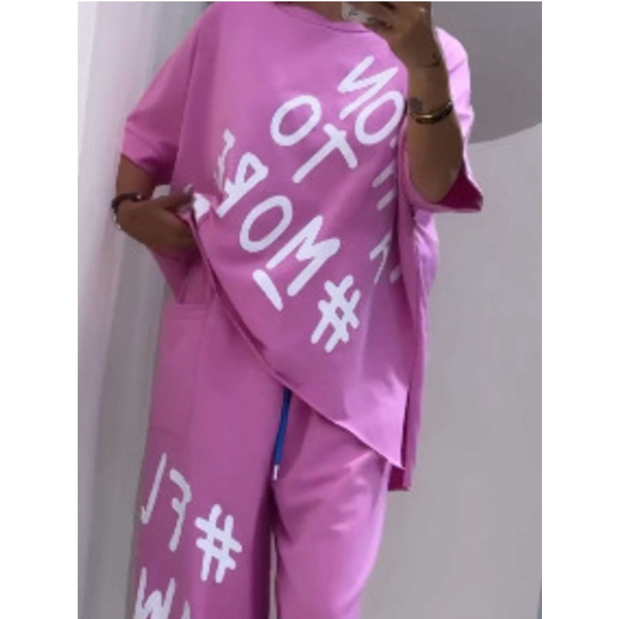 Full Size Letter Round Neck Tee and Drawstring Pants Set Plus Size Apparel and Accessories