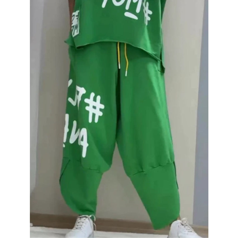 Full Size Letter Round Neck Tee and Drawstring Pants Set Plus Size Apparel and Accessories