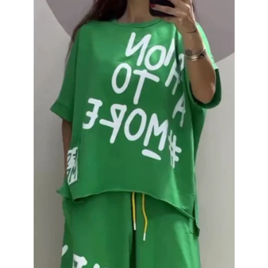 Full Size Letter Round Neck Tee and Drawstring Pants Set Plus Size Apparel and Accessories
