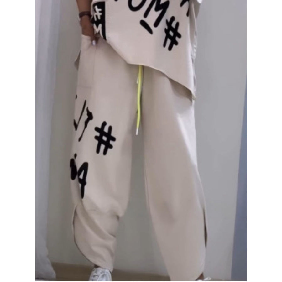 Full Size Letter Round Neck Tee and Drawstring Pants Set Plus Size Apparel and Accessories