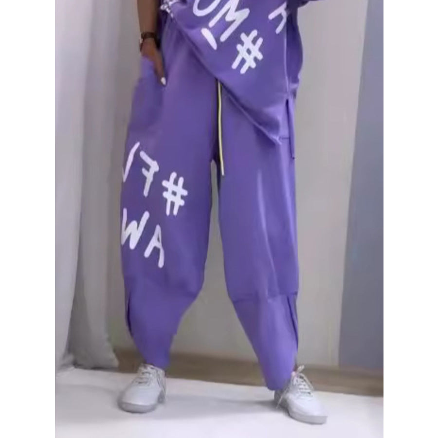 Full Size Letter Round Neck Tee and Drawstring Pants Set Plus Size Apparel and Accessories
