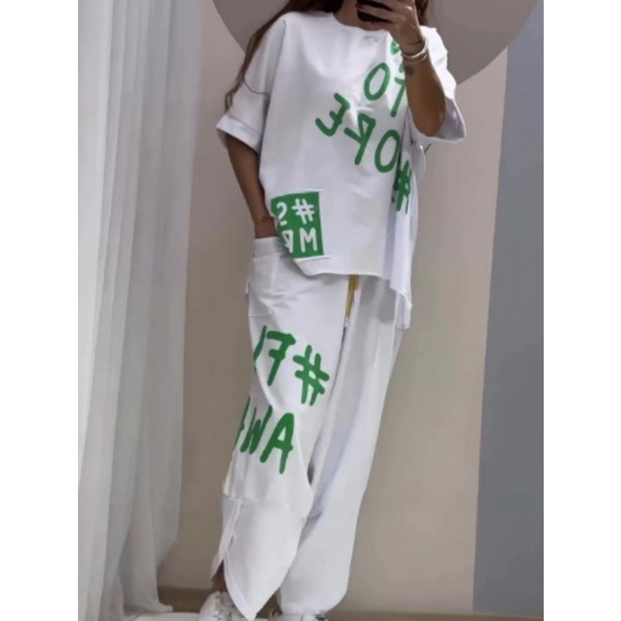 Full Size Letter Round Neck Tee and Drawstring Pants Set Plus Size Apparel and Accessories