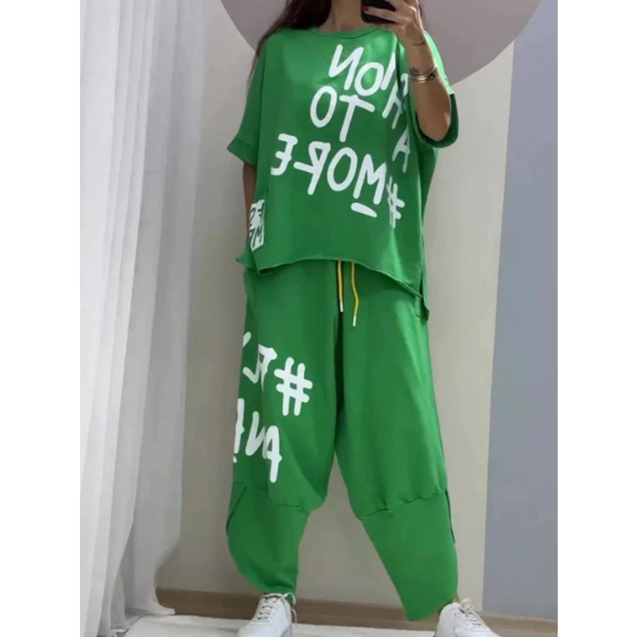 Full Size Letter Round Neck Tee and Drawstring Pants Set Plus Size Green / S Apparel and Accessories