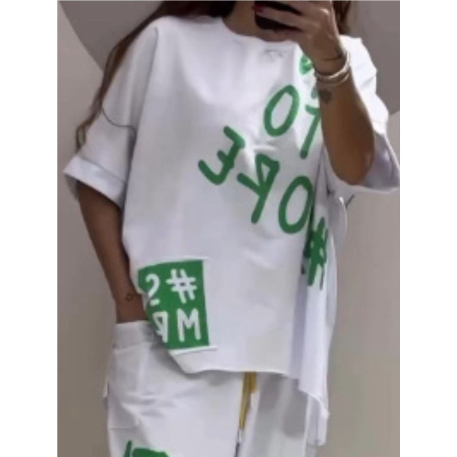 Full Size Letter Round Neck Tee and Drawstring Pants Set Plus Size White / S Apparel and Accessories