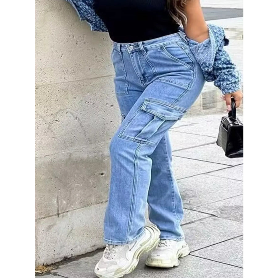 Full Size Light Wash Cargo Jeans with Multiple Pockets Plus Size Apparel and Accessories