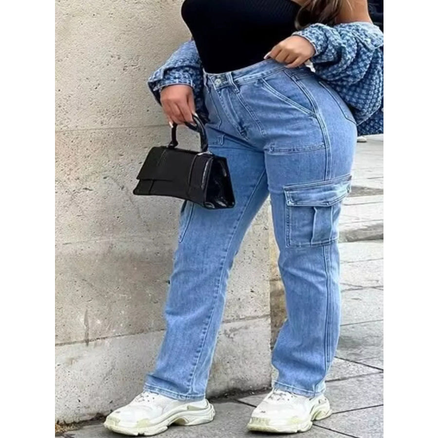 Full Size Light Wash Cargo Jeans with Multiple Pockets Plus Size Apparel and Accessories