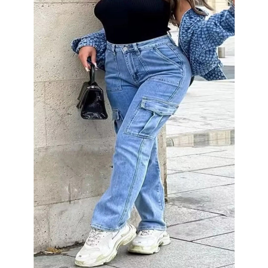 Full Size Light Wash Cargo Jeans with Multiple Pockets Plus Size Blue / S Apparel and Accessories