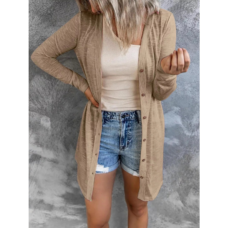 Full Size Lightweight Button-Up Cardigan Plus Size Khaki / S Apparel and Accessories