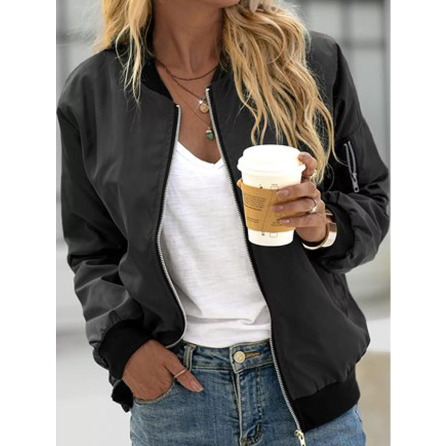 Full Size Lightweight Zip-Up Bomber Jacket Plus Black / S Apparel and Accessories