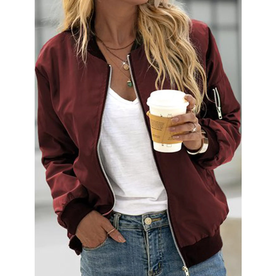 Full Size Lightweight Zip-Up Bomber Jacket Plus Burgundy / S Apparel and Accessories