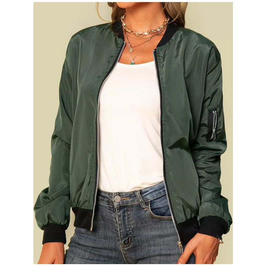 Full Size Lightweight Zip-Up Bomber Jacket Plus Dark Green / S Apparel and Accessories