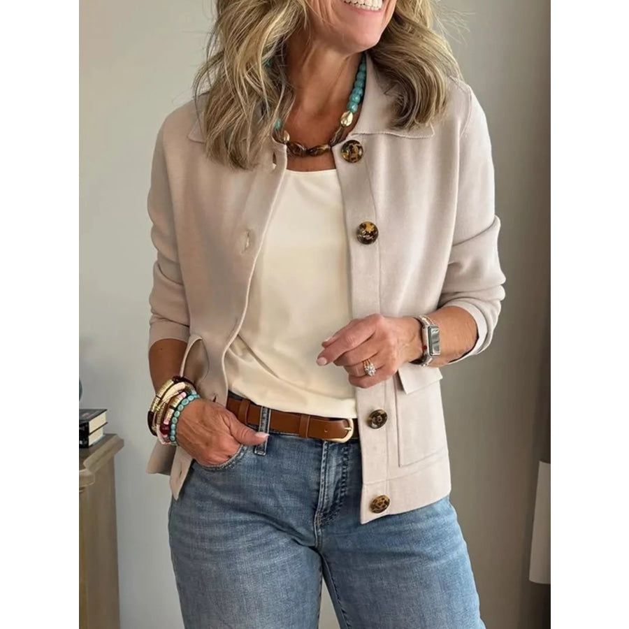 Full Size Long Sleeve Button-Down Outerwear Plus Size Beige / XS Apparel and Accessories