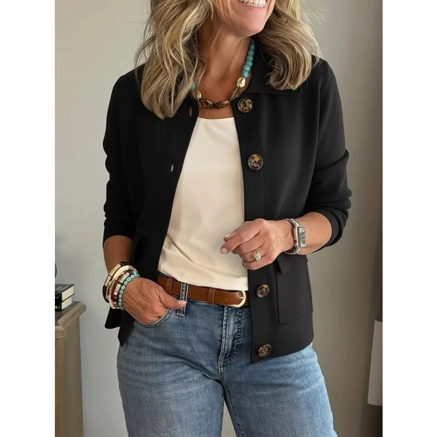Full Size Long Sleeve Button-Down Outerwear Plus Size Black / XS Apparel and Accessories