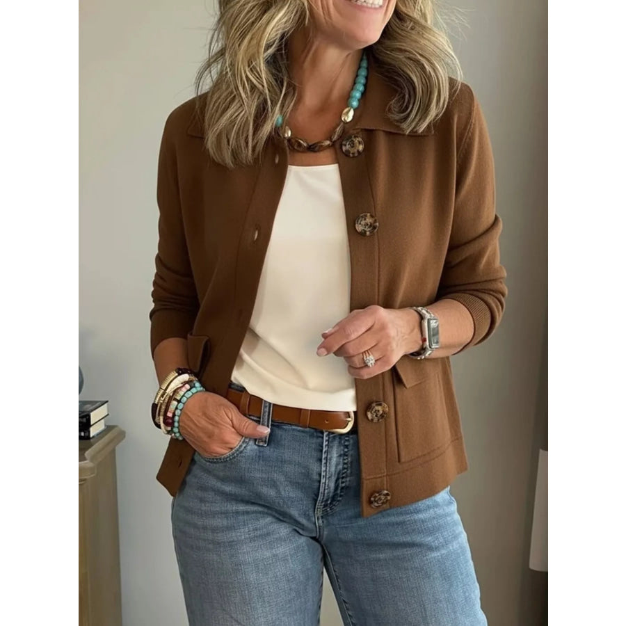 Full Size Long Sleeve Button-Down Outerwear Plus Size Brown / XS Apparel and Accessories