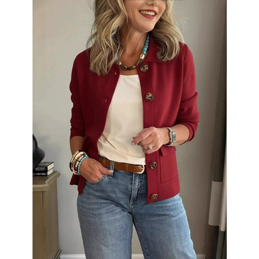 Full Size Long Sleeve Button-Down Outerwear Plus Size Burgundy / XS Apparel and Accessories