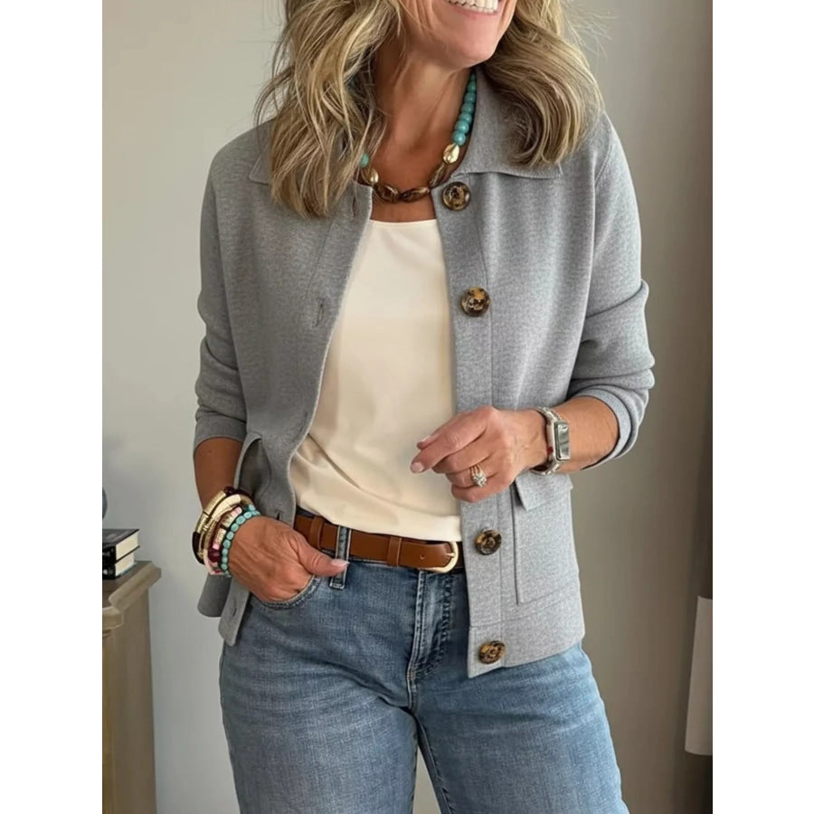 Full Size Long Sleeve Button-Down Outerwear Plus Size Gray / XS Apparel and Accessories